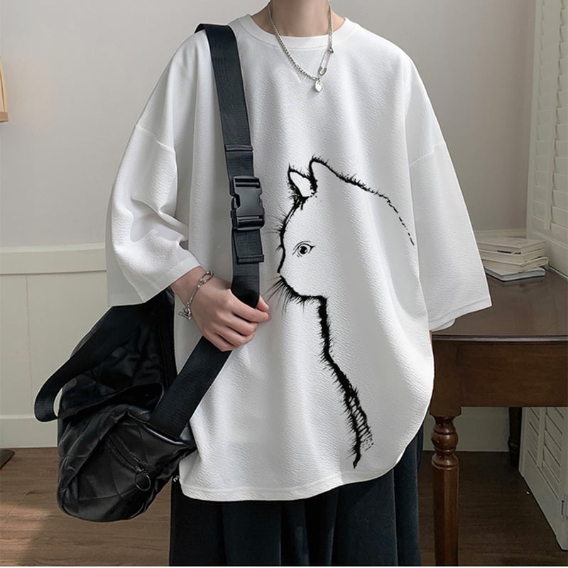【CEXUシリーズ】3色展開 七分袖 Tシャツ 男女兼用 大きいサイズ 猫柄 黒 白 青