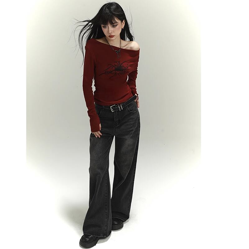 【LADYGHOSTシリーズ】オフショルダー セクシー トップス 個性的 ワインレッド 赤 着回ししやすい 公爵の服