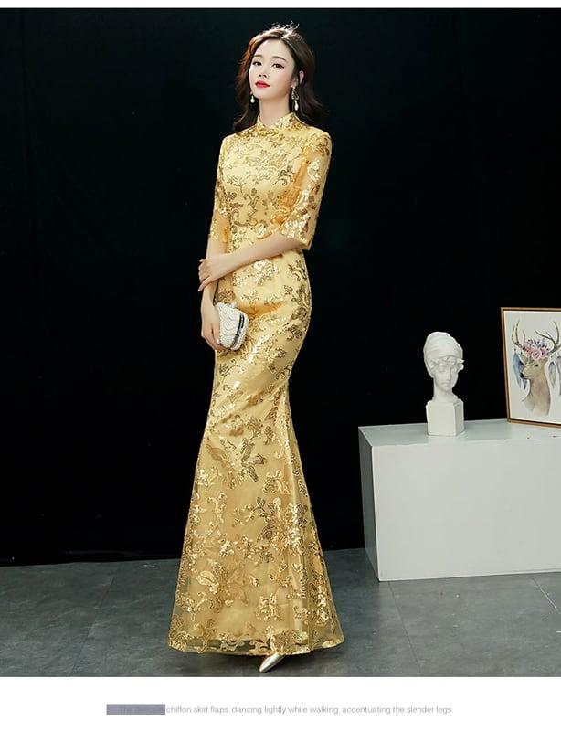 【ELEGANT】チャイナドレス マーメイドライン スパンコール ドレス ロング丈 イエロー 黄色い 大きいサイズ S M L LL 3L 4L 着痩せ 魅力的な姿になろう 細見効果抜群 - ChinChic