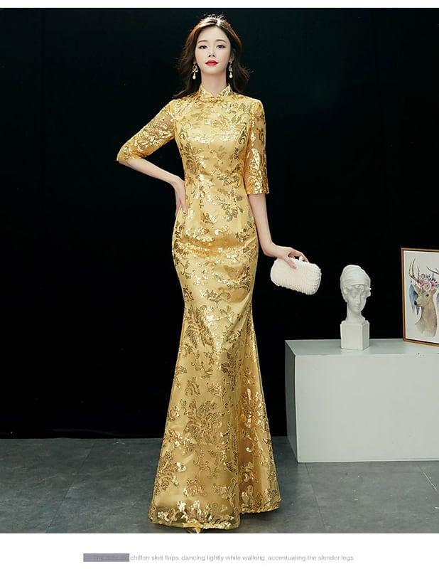 【ELEGANT】チャイナドレス マーメイドライン スパンコール ドレス ロング丈 イエロー 黄色い 大きいサイズ S M L LL 3L 4L 着痩せ 魅力的な姿になろう 細見効果抜群 - ChinChic