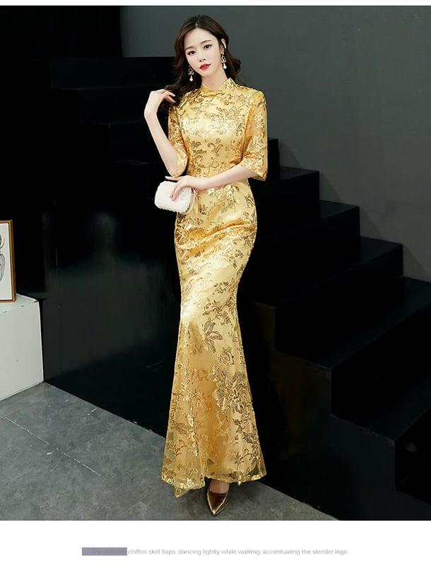 【ELEGANT】チャイナドレス マーメイドライン スパンコール ドレス ロング丈 イエロー 黄色い 大きいサイズ S M L LL 3L 4L 着痩せ 魅力的な姿になろう 細見効果抜群 - ChinChic