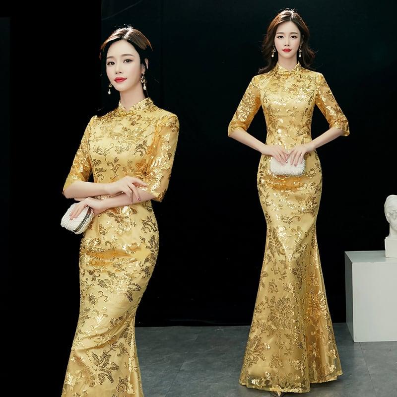 【ELEGANT】チャイナドレス マーメイドライン スパンコール ドレス ロング丈 イエロー 黄色い 大きいサイズ S M L LL 3L 4L 着痩せ 魅力的な姿になろう 細見効果抜群 - ChinChic