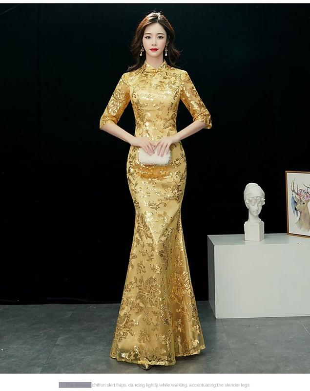 【ELEGANT】チャイナドレス マーメイドライン スパンコール ドレス ロング丈 イエロー 黄色い 大きいサイズ S M L LL 3L 4L 着痩せ 魅力的な姿になろう 細見効果抜群 - ChinChic