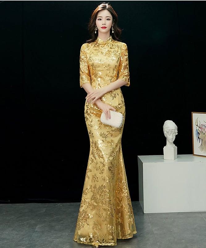 【ELEGANT】チャイナドレス マーメイドライン スパンコール ドレス ロング丈 イエロー 黄色い 大きいサイズ S M L LL 3L 4L 着痩せ 魅力的な姿になろう 細見効果抜群 - ChinChic