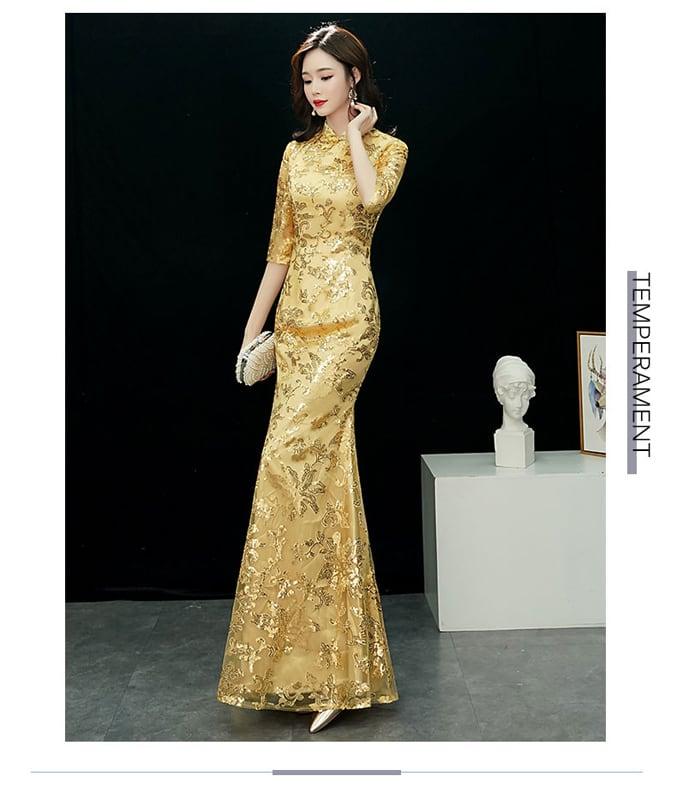 【ELEGANT】チャイナドレス マーメイドライン スパンコール ドレス ロング丈 イエロー 黄色い 大きいサイズ S M L LL 3L 4L 着痩せ 魅力的な姿になろう 細見効果抜群 - ChinChic