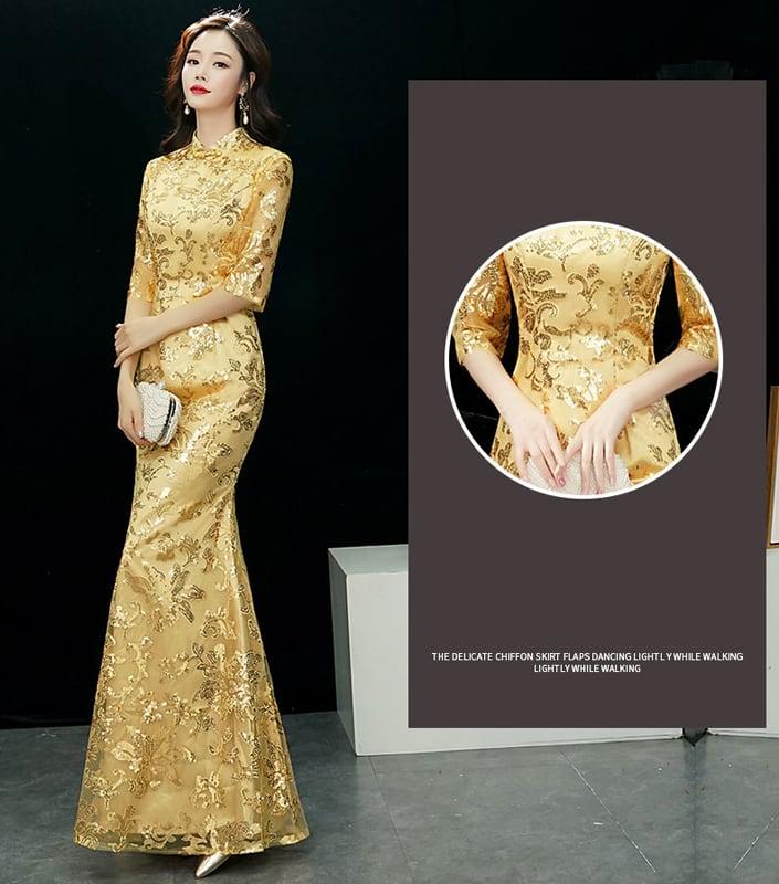【ELEGANT】チャイナドレス マーメイドライン スパンコール ドレス ロング丈 イエロー 黄色い 大きいサイズ S M L LL 3L 4L 着痩せ 魅力的な姿になろう 細見効果抜群 - ChinChic
