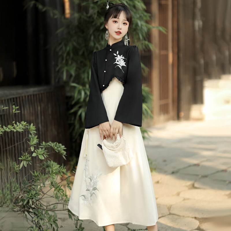 【漢如初---風鈴百合シリーズ】チャイナ風セットアップ 2点セット トップス つりワンピース 中華服 漢服 ワンピース