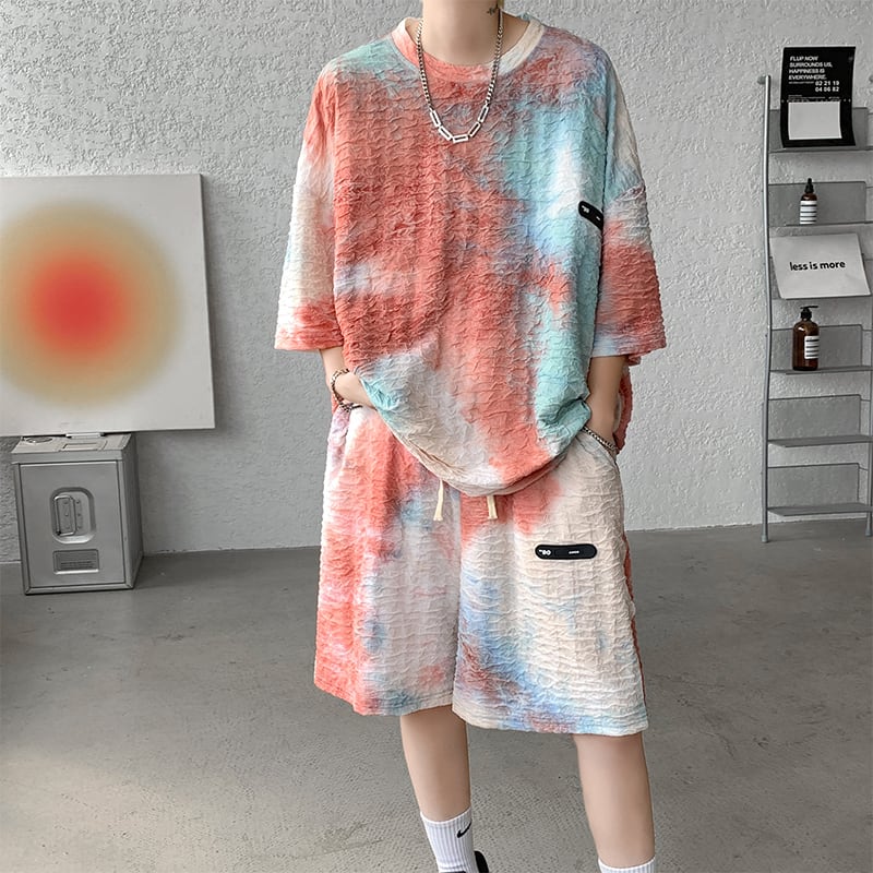 【ZHUIYIシリーズ】セットアップ Tシャツ 短パン 3色 男女兼用 大きいサイズ 絞り染め カジュアル
