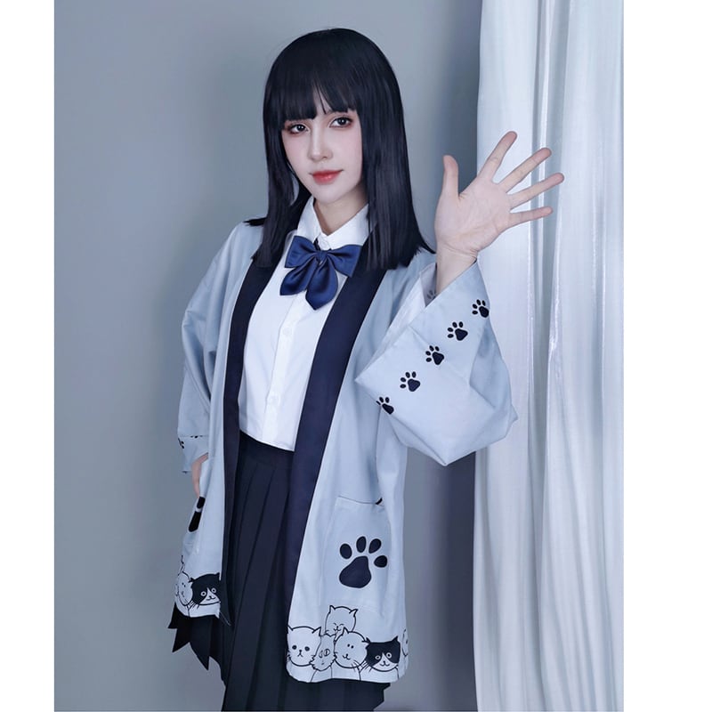 【倉寶兒屋シリーズ】チャイナ風法被 猫柄プリント 夏服 薄手 ブラック ライトグレー 2色