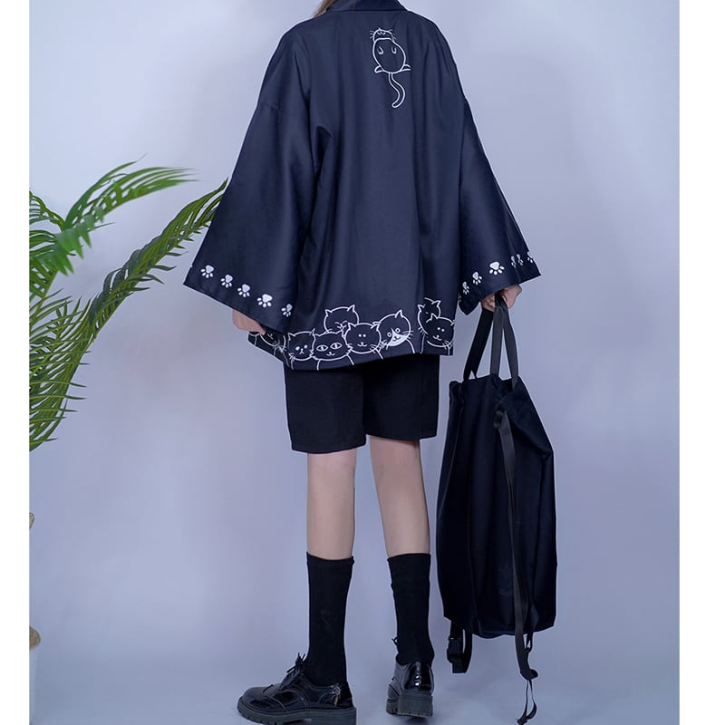 【倉寶兒屋シリーズ】チャイナ風法被 猫柄プリント 夏服 薄手 ブラック ライトグレー 2色