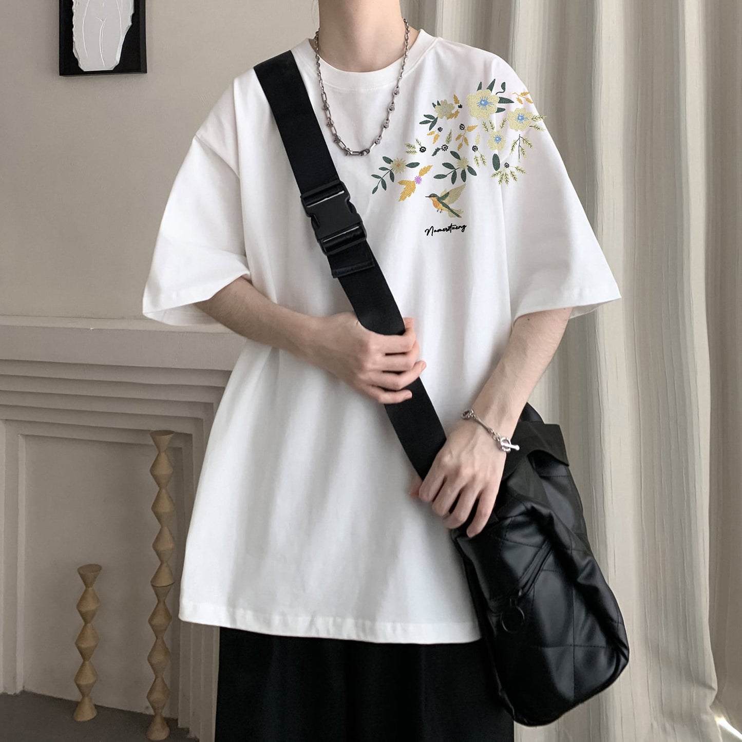 【KADISHOUシリーズ】チャイナ風トップス Tシャツ 半袖 男女兼用 大きいサイズ コットン 鳥 花柄 9色展開