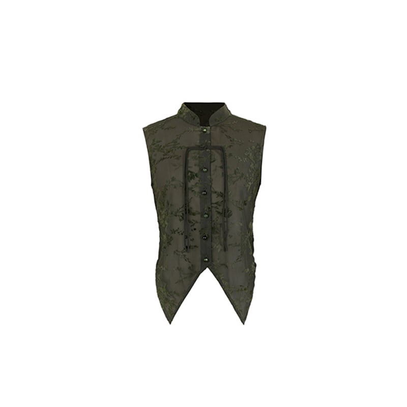 【大青龍肆シリーズ】チャイナ風トップス Tシャツ ショート丈 ノースリーブ グリーン 気質アップ 不規則デザイン