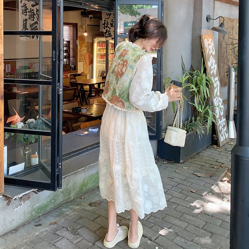 【MOBAIシリーズ】チャイナ風ワンピース 2点セット ワンピース&ベスト 花柄 レディース デート用 可愛い