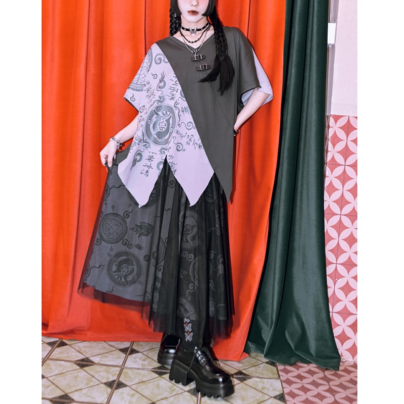 【古怪舍---清心訣シリーズ】★チャイナ風トップス★ 半袖 Tシャツ 個性的 オリジナル 不規則 コットン プリント