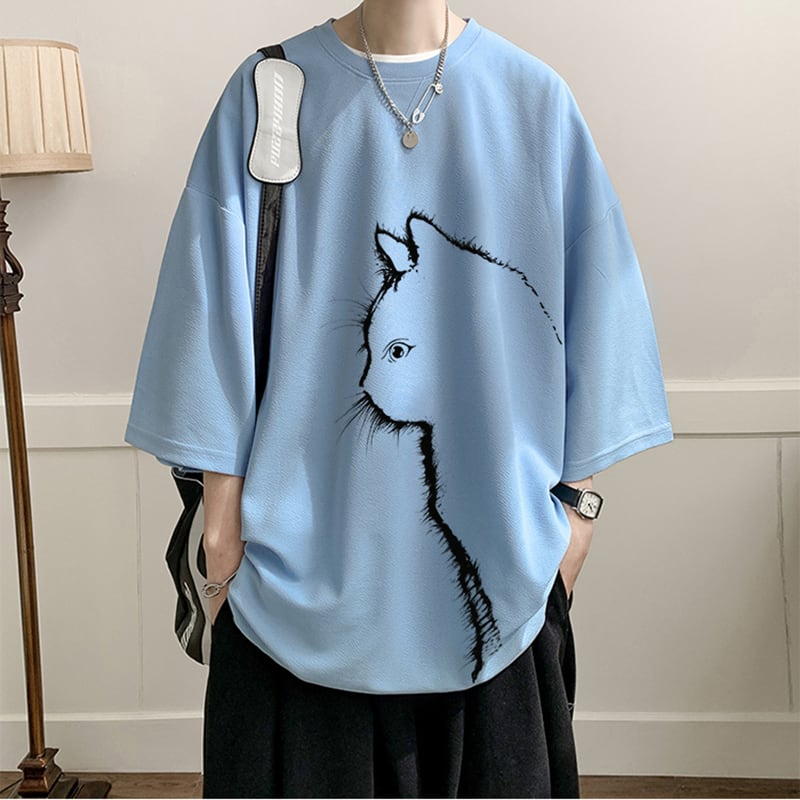 【CEXUシリーズ】3色展開 七分袖 Tシャツ 男女兼用 大きいサイズ 猫柄 黒 白 青