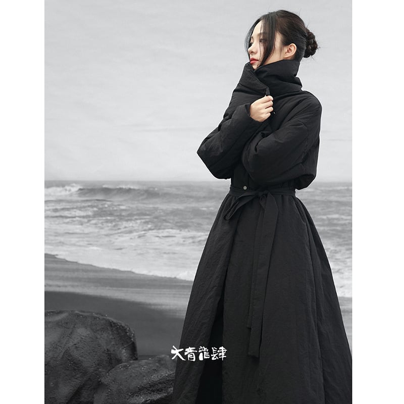 【大青龍肆シリーズ】チャイナ風コート 綿入り ブラック 冬服 暖かい ロング丈 レディース