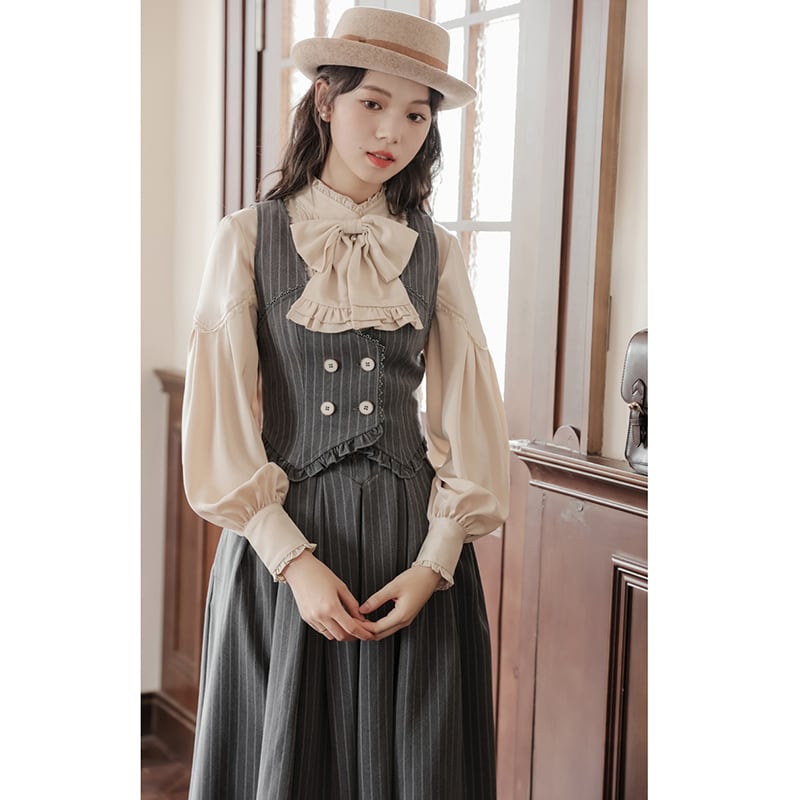 【南陌森シリーズ】リボン付き長袖シャツ トップス 可愛い 気質アップ アプリコット S M L XL
