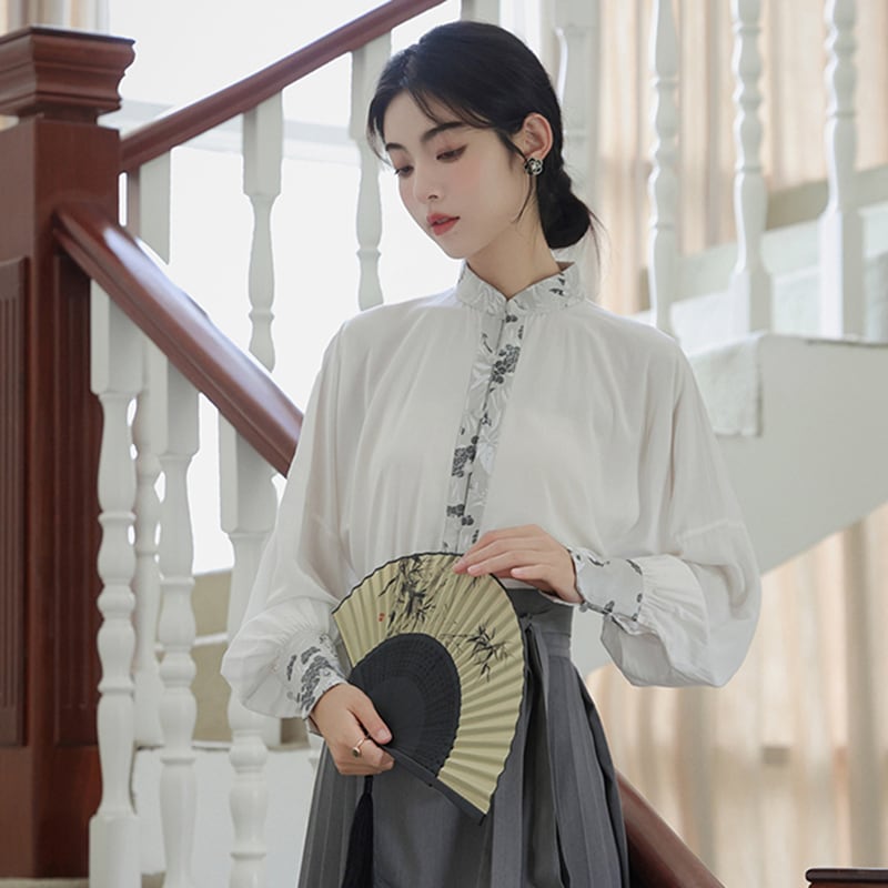 【WUJIAシリーズ】チャイナ風長袖シャツ トップス 漢元素 夏服 気質アップ S M L 切り替え