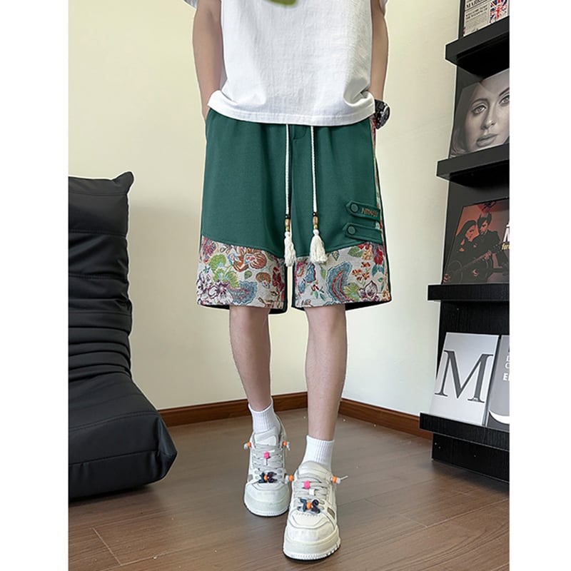 【ZHEYUANシリーズ】チャイナ風ズボン 3色 ボトムス ショートパンツ 男女兼用 大きいサイズ 花柄 切り替え