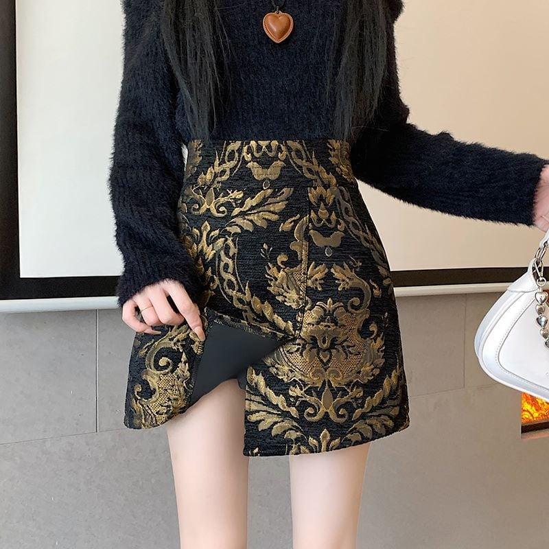 【FENGLINシリーズ】★チャイナ風スカート★ トップス ミニ丈スカート 中華服 合わせやすい 黒 金 - ChinChic