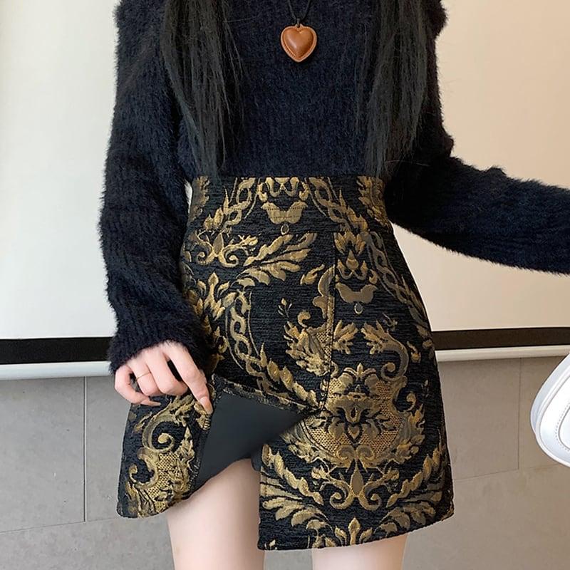 【FENGLINシリーズ】★チャイナ風スカート★ トップス ミニ丈スカート 中華服 合わせやすい 黒 金 - ChinChic