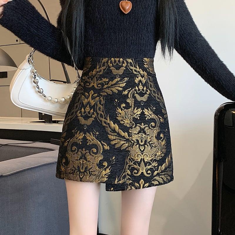 【FENGLINシリーズ】★チャイナ風スカート★ トップス ミニ丈スカート 中華服 合わせやすい 黒 金 - ChinChic