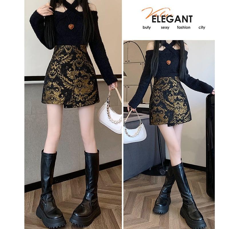 【FENGLINシリーズ】★チャイナ風スカート★ トップス ミニ丈スカート 中華服 合わせやすい 黒 金 - ChinChic