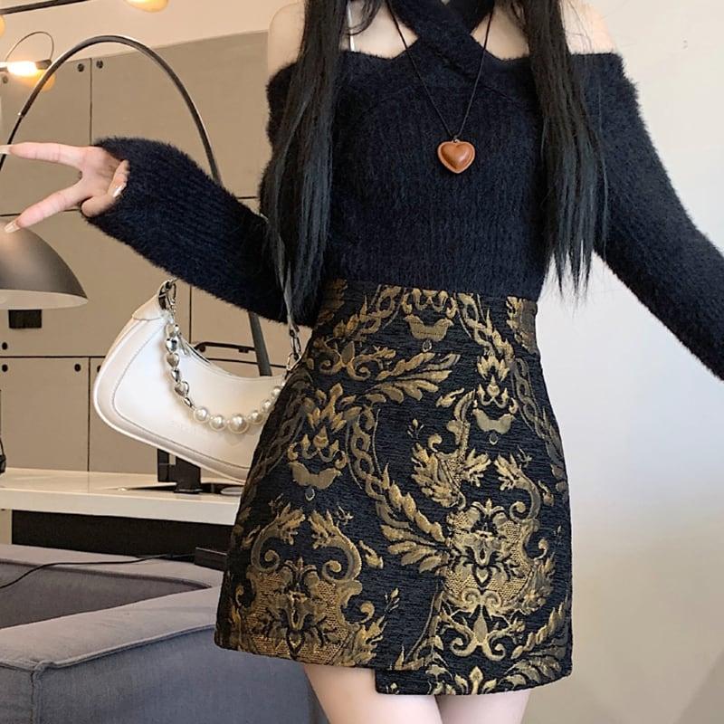 【FENGLINシリーズ】★チャイナ風スカート★ トップス ミニ丈スカート 中華服 合わせやすい 黒 金 - ChinChic