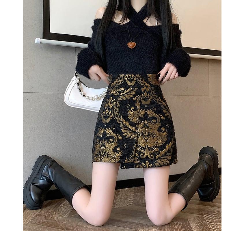 【FENGLINシリーズ】★チャイナ風スカート★ トップス ミニ丈スカート 中華服 合わせやすい 黒 金 - ChinChic