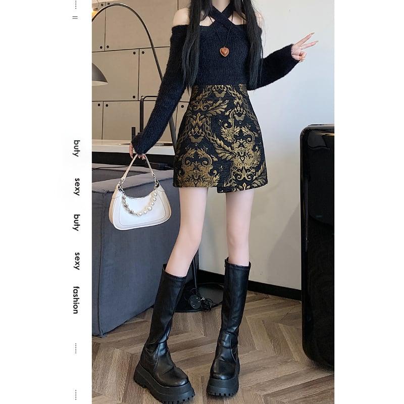 【FENGLINシリーズ】★チャイナ風スカート★ トップス ミニ丈スカート 中華服 合わせやすい 黒 金 - ChinChic