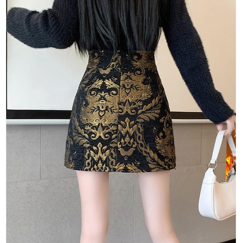 【FENGLINシリーズ】★チャイナ風スカート★ トップス ミニ丈スカート 中華服 合わせやすい 黒 金 - ChinChic