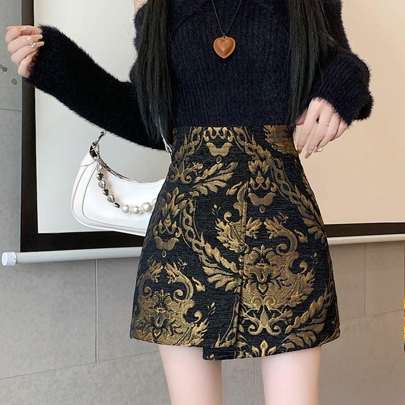 【FENGLINシリーズ】★チャイナ風スカート★ トップス ミニ丈スカート 中華服 合わせやすい 黒 金 - ChinChic