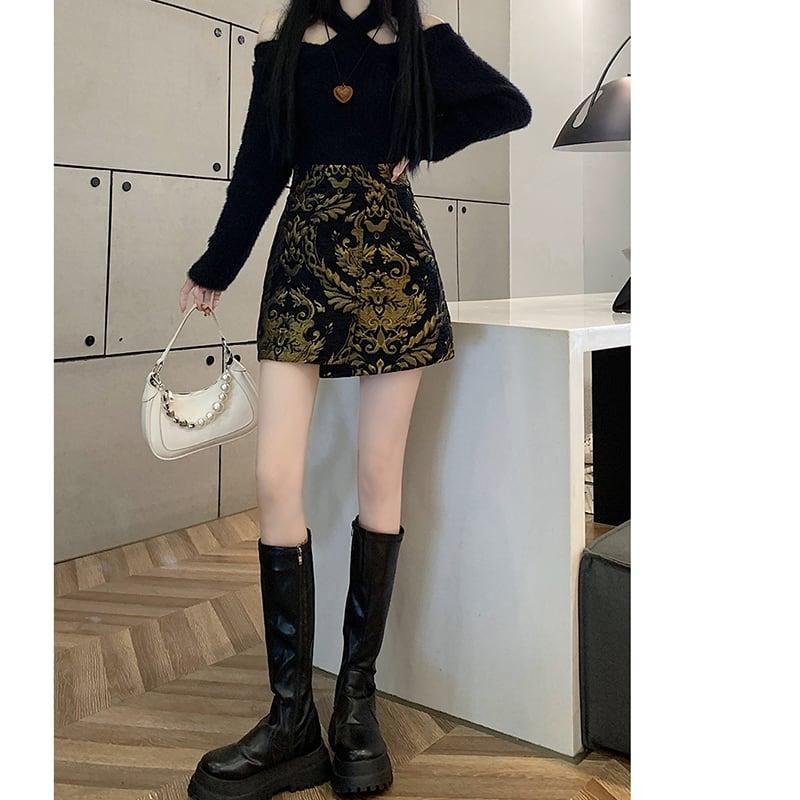 【FENGLINシリーズ】★チャイナ風スカート★ トップス ミニ丈スカート 中華服 合わせやすい 黒 金 - ChinChic