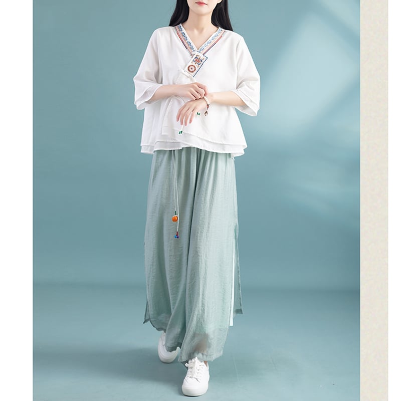 【清裊シリーズ】チャイナ風刺繍シャツ Vネック 4色展開 通販デザイン おしゃれトップス