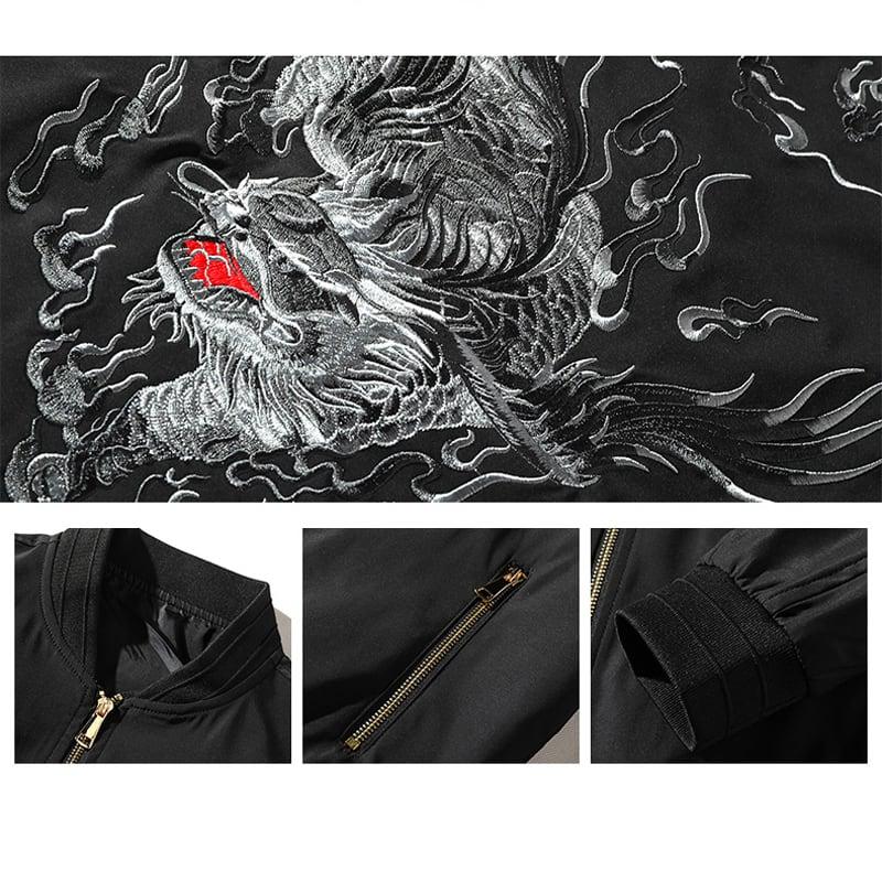 【FVSVシリーズ】★チャイナ風アウター★ 龍紋刺繍入りスタジャン 龍 キルティング有り スカジャン ジャケット チャイナ風服 大きいサイズ - ChinChic