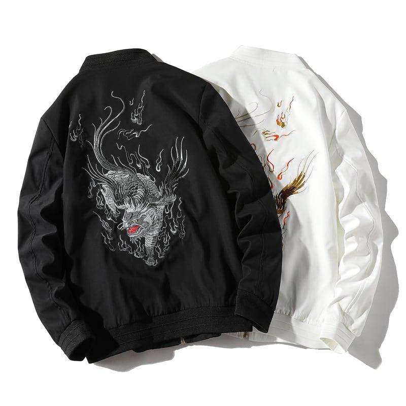 【FVSVシリーズ】★龍紋刺繍入りスタジャン★ チャイナ風アウター 龍 スカジャン ジャケット チャイナ風服 大きいサイズ 黒 白 - ChinChic