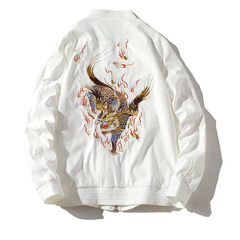 【FVSVシリーズ】★龍紋刺繍入りスタジャン★ チャイナ風アウター 龍 スカジャン ジャケット チャイナ風服 大きいサイズ 黒 白 - ChinChic