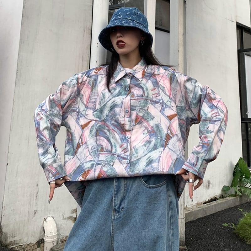 【GANGFENGシリーズ】★シャツ★ トップス 長袖シャツ 男女兼用 メンズ 彩り 落書き 原宿風 カジュアル - ChinChic