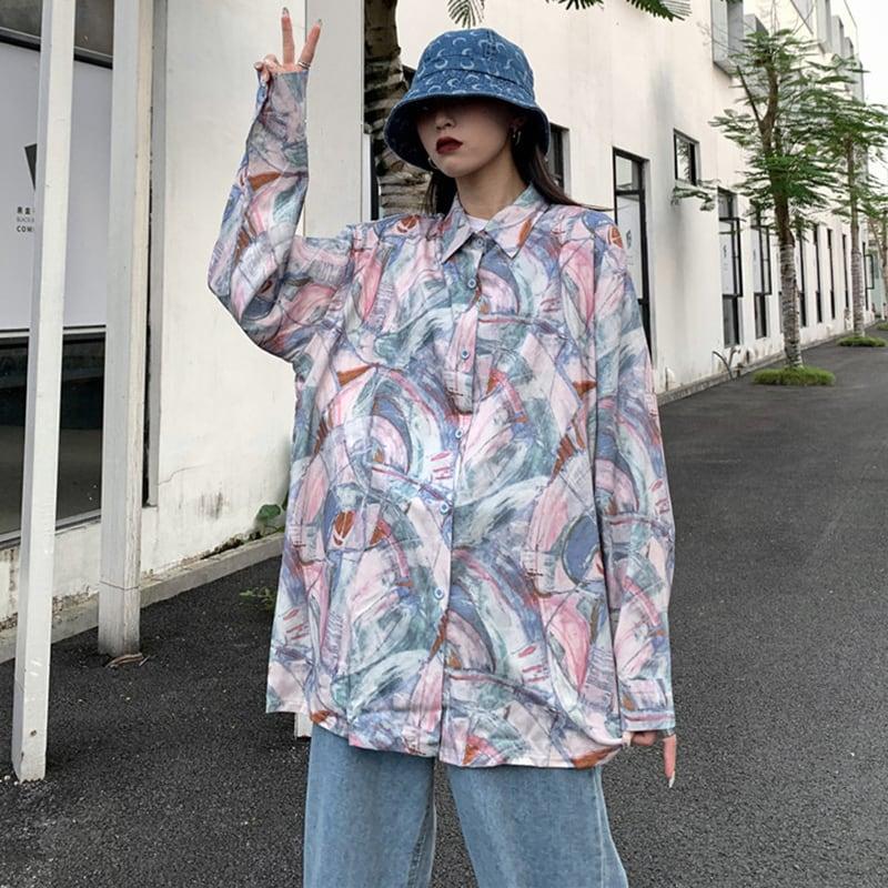 【GANGFENGシリーズ】★シャツ★ トップス 長袖シャツ 男女兼用 メンズ 彩り 落書き 原宿風 カジュアル - ChinChic