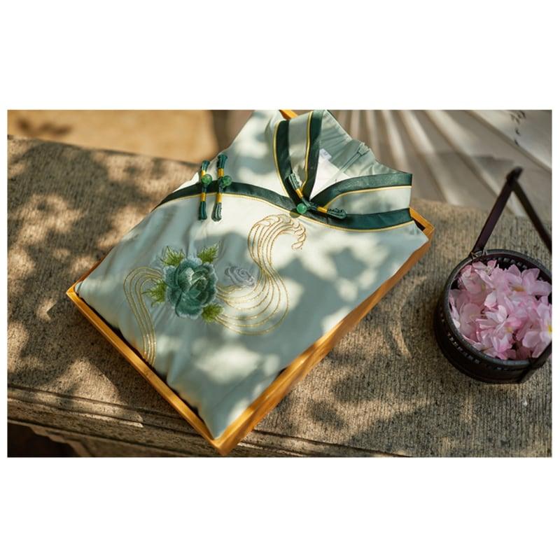【JINGMANSIシリーズ】★チャイナドレス★ 刺繍 ワンピース 半袖 結婚式 花火大会 気質アップ グリーン 緑 - ChinChic