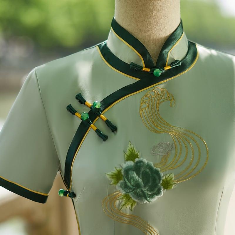 【JINGMANSIシリーズ】★チャイナドレス★ 刺繍 ワンピース 半袖 結婚式 花火大会 気質アップ グリーン 緑 - ChinChic