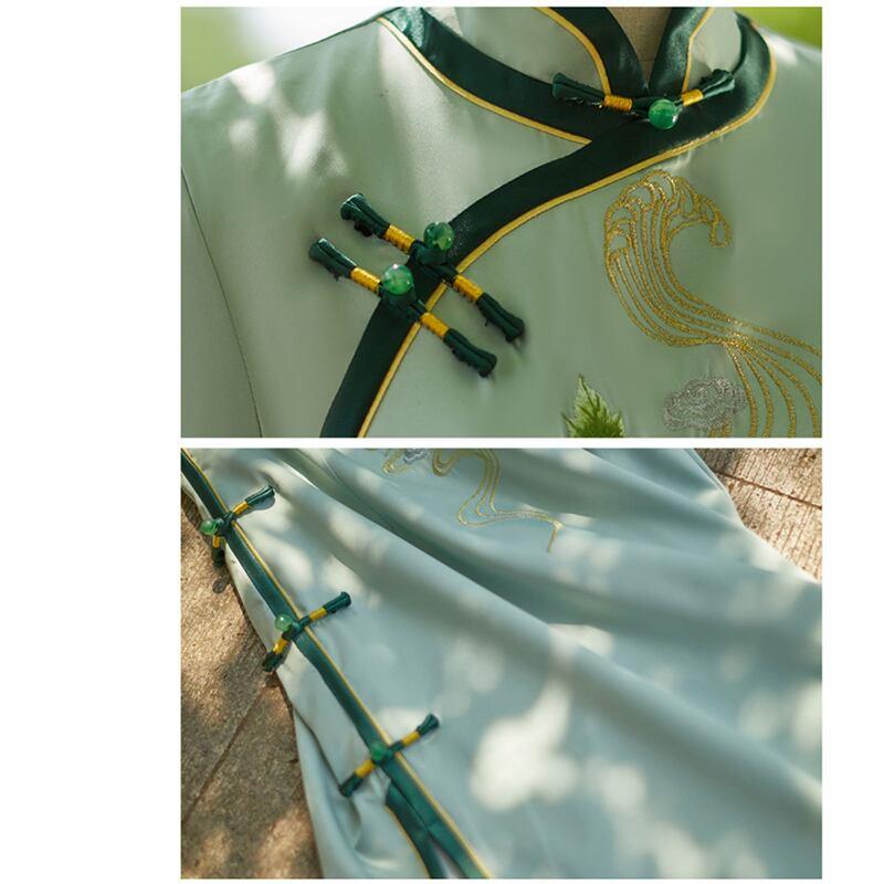 【JINGMANSIシリーズ】★チャイナドレス★ 刺繍 ワンピース 半袖 結婚式 花火大会 気質アップ グリーン 緑 - ChinChic