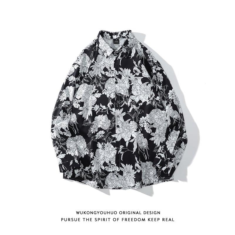 【JINKESENシリーズ】★シャツ★ トップス 長袖シャツ 花柄シャツ 男女兼用 メンズ カジュアル ブラック 黒 - ChinChic