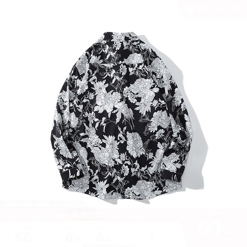【JINKESENシリーズ】★シャツ★ トップス 長袖シャツ 花柄シャツ 男女兼用 メンズ カジュアル ブラック 黒 - ChinChic