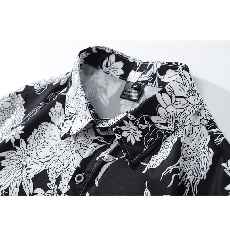 【JINKESENシリーズ】★シャツ★ トップス 長袖シャツ 花柄シャツ 男女兼用 メンズ カジュアル ブラック 黒 - ChinChic