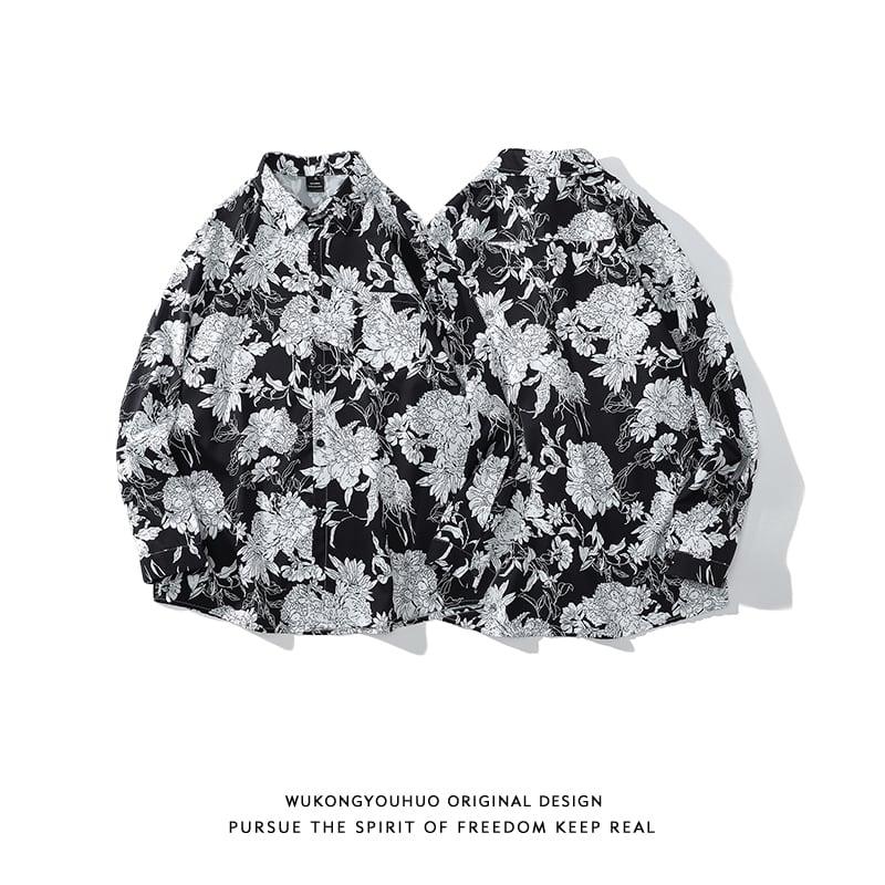 【JINKESENシリーズ】★シャツ★ トップス 長袖シャツ 花柄シャツ 男女兼用 メンズ カジュアル ブラック 黒 - ChinChic
