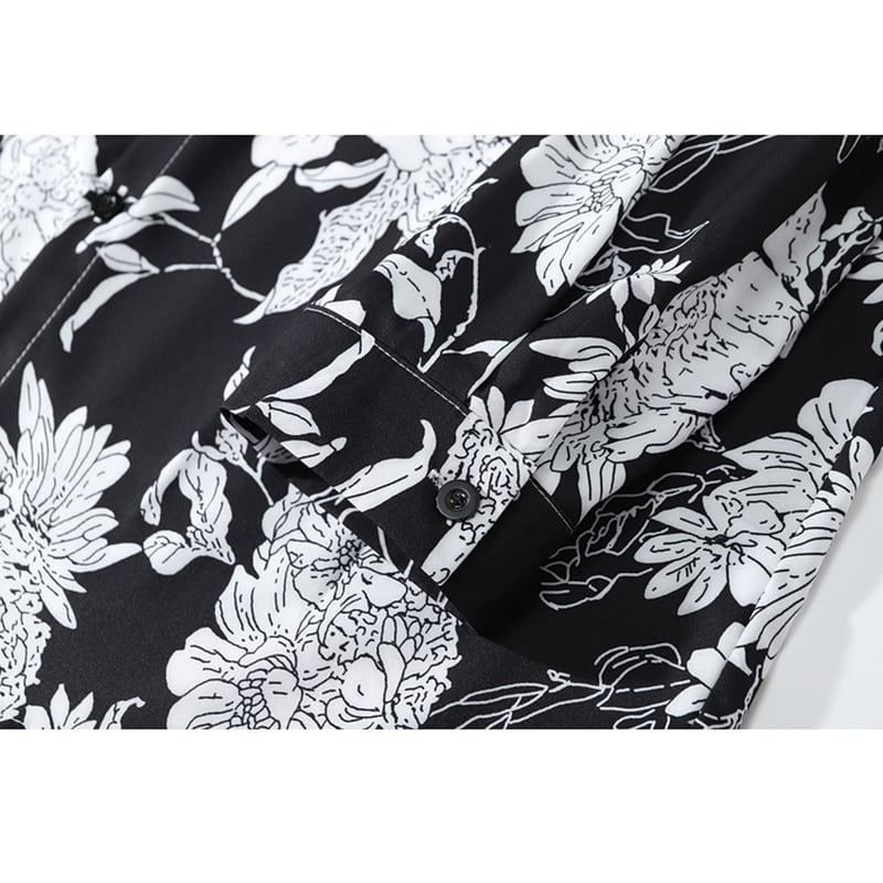 【JINKESENシリーズ】★シャツ★ トップス 長袖シャツ 花柄シャツ 男女兼用 メンズ カジュアル ブラック 黒 - ChinChic
