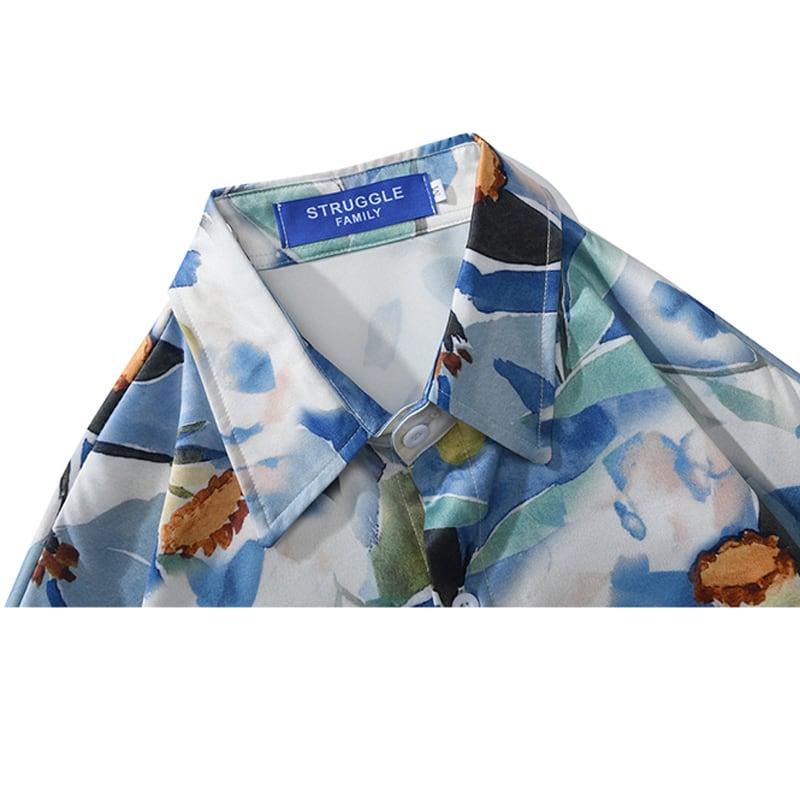 【JINKESENシリーズ】★油絵風シャツ★ トップス 春夏 薄い S M L XL 2XL 男女兼用 メンズ 合わせやすい 青 - ChinChic