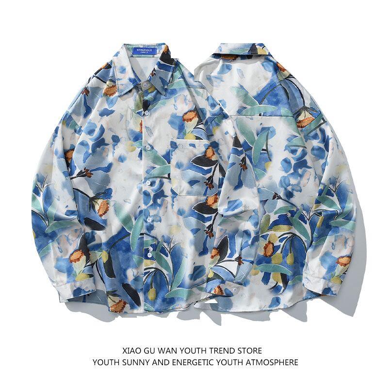 【JINKESENシリーズ】★油絵風シャツ★ トップス 春夏 薄い S M L XL 2XL 男女兼用 メンズ 合わせやすい 青 - ChinChic