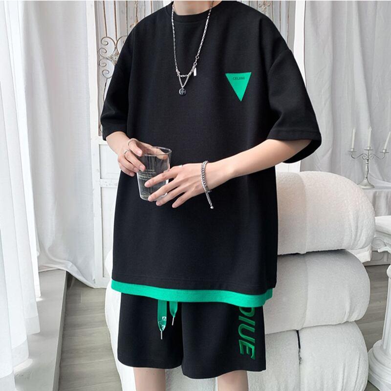 【KADISHOUシリーズ】★セットアップ★ Tシャツ+短パン 3COLOR 男女兼用 メンズ 大きいサイズ ブラック ホワイト ブルー - ChinChic